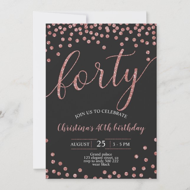 Invitation Rose Gold Confetti Élégante 40e anniversaire femme (Devant)