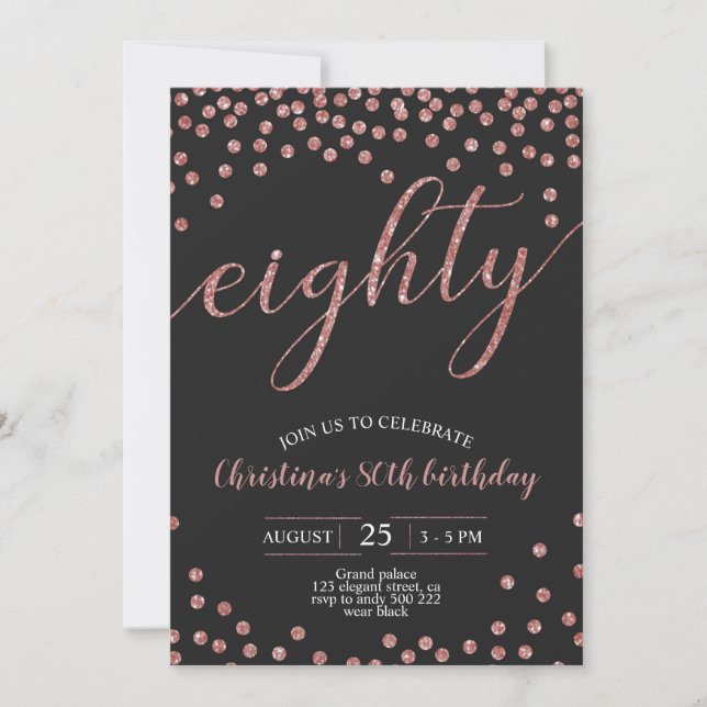 Invitation Rose Gold Confetti Élégante 80e anniversaire femme (Devant)