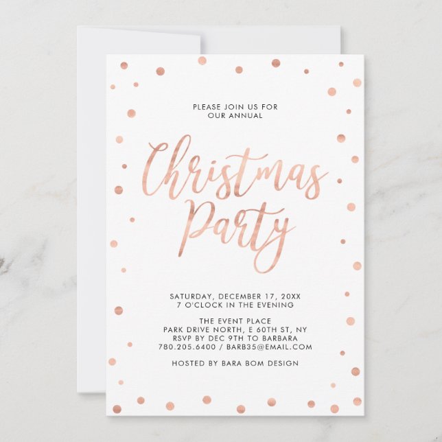 Invitation Rose Gold Confetti Fête de Noël moderne (Devant)