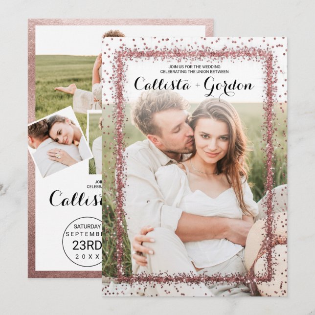 Invitation Rose Gold Confetti Frontière Photo Collage Mariage (Devant / Derrière)