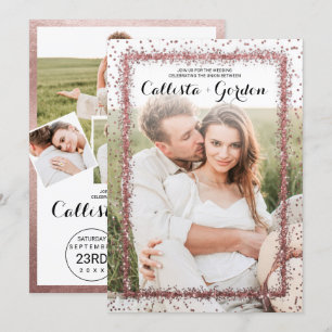 Invitation Rose Gold Confetti Frontière Photo Collage Mariage