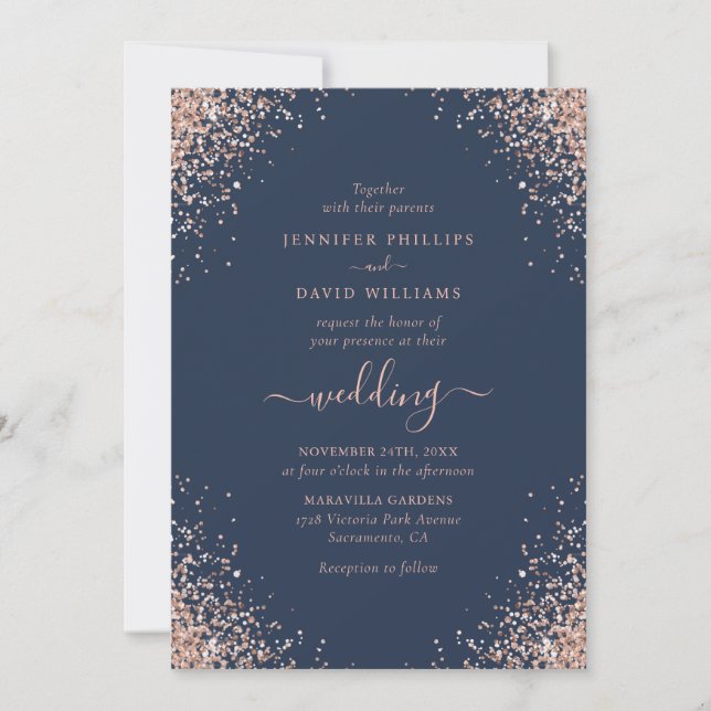 Invitation Rose Gold Confetti Parties scintillant bleu marine (Devant)