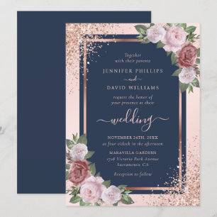 Invitation Rose Gold Confetti Parties scintillant Marine Blue