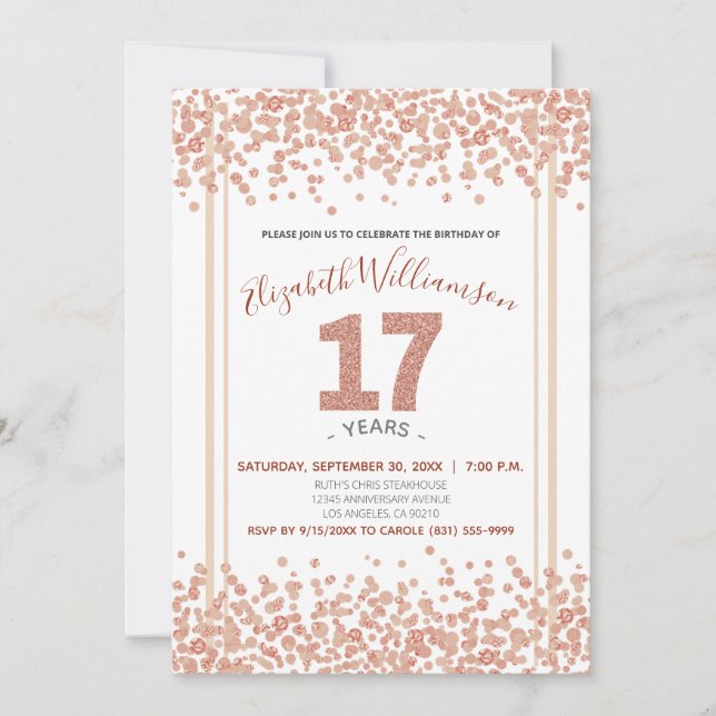 Invitation Rose Gold Confetti Parties scintillant style 17ème (Devant)