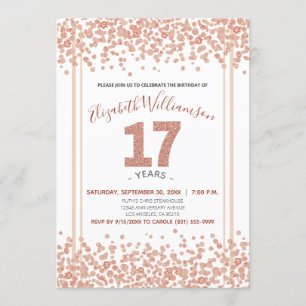 Invitation Rose Gold Confetti Parties scintillant style 17ème