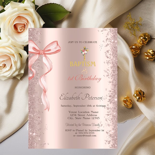 Invitation Rose Gold Confetti Pink Bow Baptême et Anniversair (Créateur téléchargé)