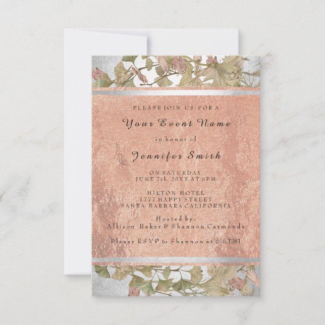 Invitation Rose Gold Copper Silver Floral Bridal 16e Vert (Devant)