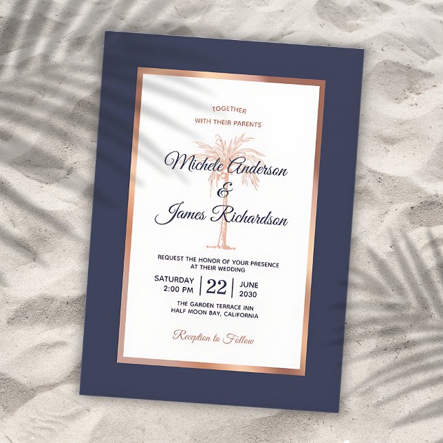 Invitation Rose Gold Cuivre Marine Blue Palm Tree Beach Maria (Créateur téléchargé)
