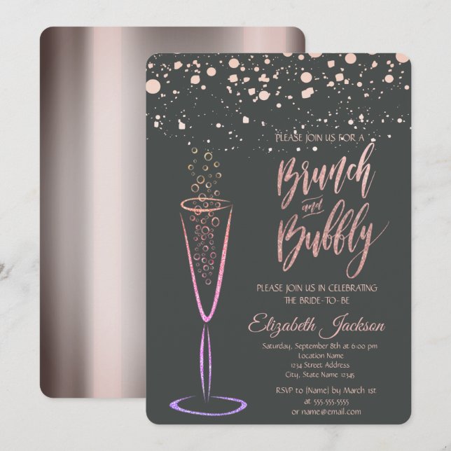 Invitation Rose Gold Dots Champagne Fête des mariées en verre (Devant / Derrière)