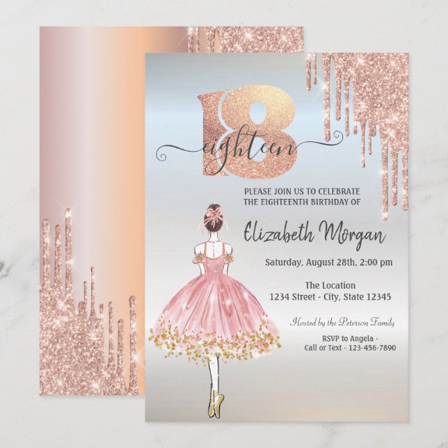 Invitation Rose Gold Drips Ballerina Silver 18e anniversaire (Devant / Derrière)