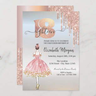 Invitation Rose Gold Drips Ballerina Silver 18e anniversaire