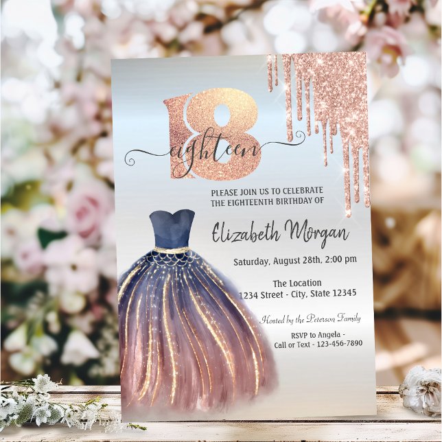 Invitation Rose Gold Drips Chic Robe Argent 18e anniversaire (Créateur téléchargé)