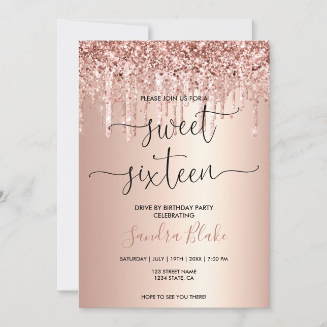 Invitation Rose Gold Drips Girly Modern Drive par Sweet 16 (Devant)