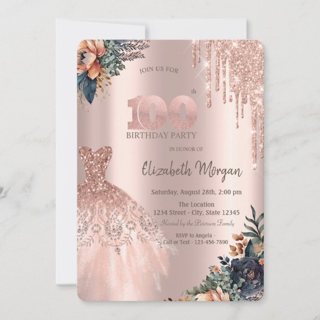 Invitation Rose Gold Drips Robe Moody Flowers 100e anniversai (Devant)