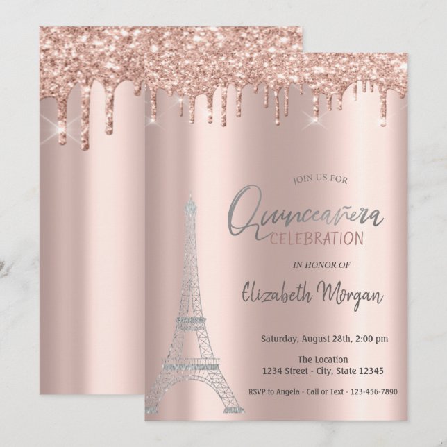 Invitation Rose Gold Drives, Tour Eiffel Quinceanera Invitati (Devant / Derrière)