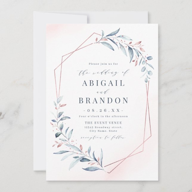 Invitation Rose Gold Dusty Blue Greenery Mariage géométrique (Devant)