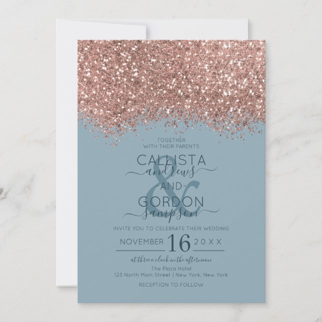 Invitation Rose Gold Dusty Parties scintillant bleue Confetti (Devant)