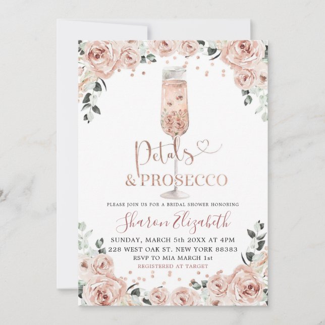 Invitation Rose Gold Dusty Petals et Prosecco Fête des mariée (Devant)