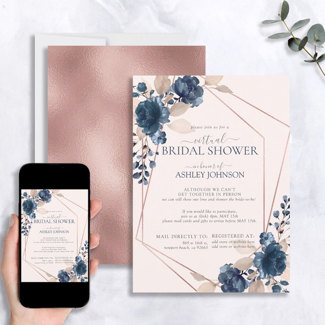 Invitation Rose Gold Dusty Rose Marine Floral Douche virtuell (Créateur téléchargé)