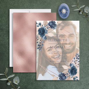Invitation Rose Gold Dusty Rose Navy Floral Photo géométrique