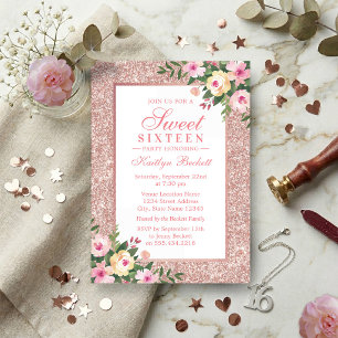 Invitation Rose Gold Élégant Pailleté Floral Sweet 16 Anniver
