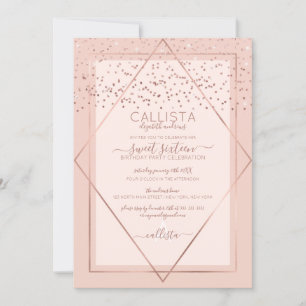 Invitation Rose Gold Élégante avec Confettis Rose pour Sweet 