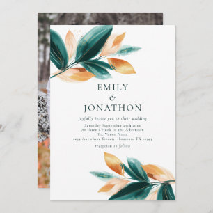 Invitation Rose Gold Emerald Feuilles Script Mariage photo
