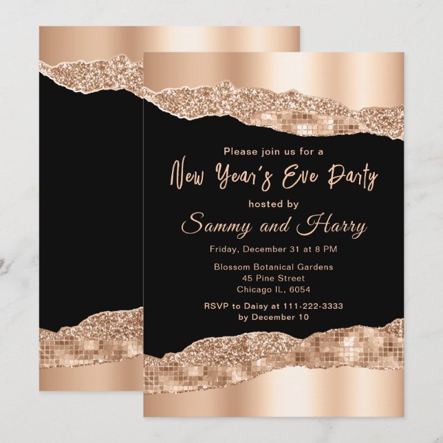 Invitation Rose Gold et Black Glam Larmes Fête du Nouvel An (Devant / Derrière)