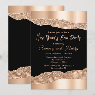 Invitation Rose Gold et Black Glam Larmes Fête du Nouvel An