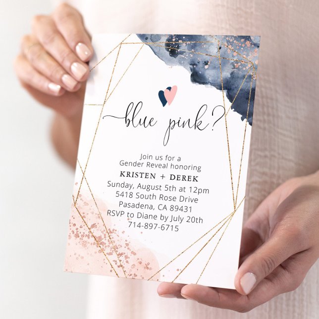 Invitation Rose Gold et bleu marine Aquarelle Révélation de g (Créateur téléchargé)