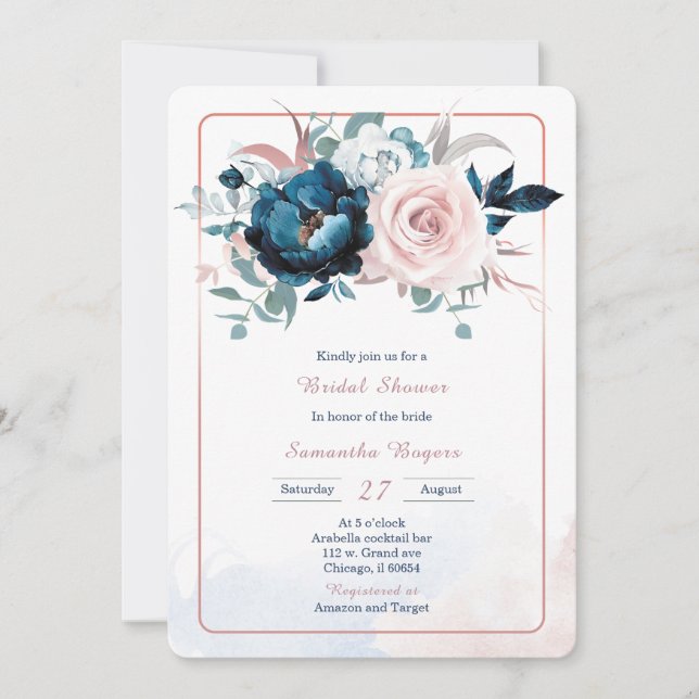 Invitation Rose Gold et  Blue Fête des mariées Modèle (Devant)
