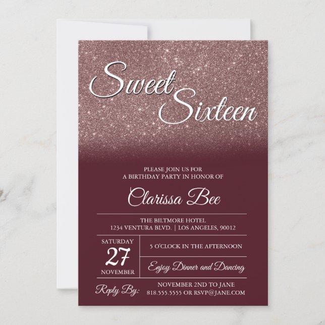 Invitation rose Gold et Bourgogne Sweet sixteen (Devant)
