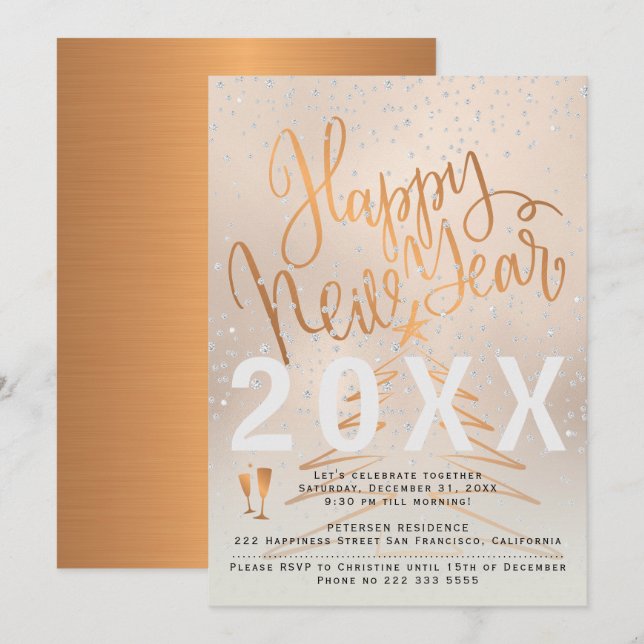 Invitation Rose Gold et Cuivre Fête du Nouvel An Métallurgiqu (Devant / Derrière)