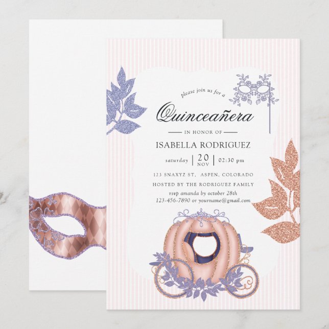 Invitation Rose Gold et Lilac Parties scintillant Princesse Q (Devant / Derrière)