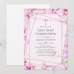 Invitation Rose Gold et Magnolia Rose Géométrique Première Co