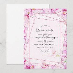 Invitation Rose Gold et Magnolia Rose Géométrique Quinceañera
