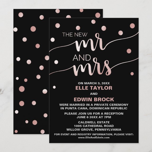 Invitation Rose Gold et Noir | Réception de mariage glamour e (Devant / Derrière)