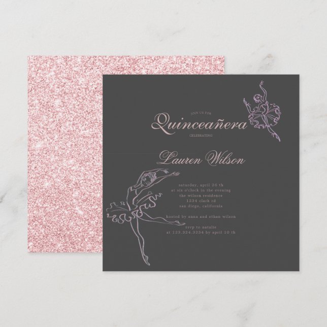 Invitation Rose Gold et parties scintillant Ballet Quinceaner (Devant / Derrière)
