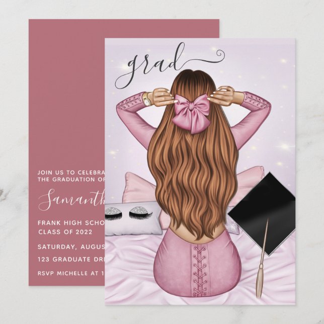Invitation Rose Gold et rose Ginger Girl Graduation (Devant / Derrière)