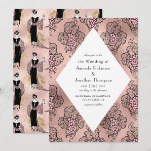 Invitation Rose Gold et Rose Pâle Art Déco Vin Mariage