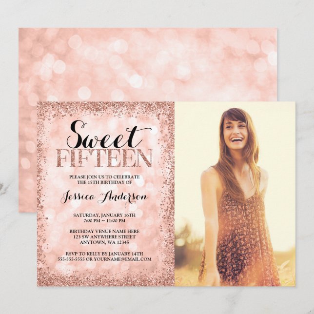 Invitation Rose Gold Faux Parties scintillant Lumières Sweet  (Devant / Derrière)