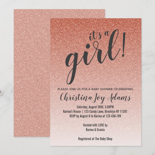 Invitation Rose Gold Faux Parties scintillant Ombre Girl Baby (Devant / Derrière)