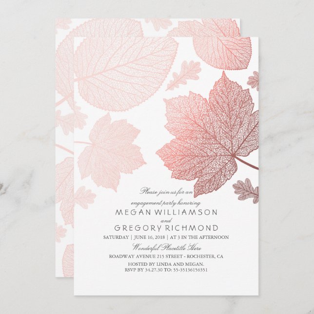 Invitation Rose Gold Feuilles Elegant Automne Engagement Part (Devant / Derrière)