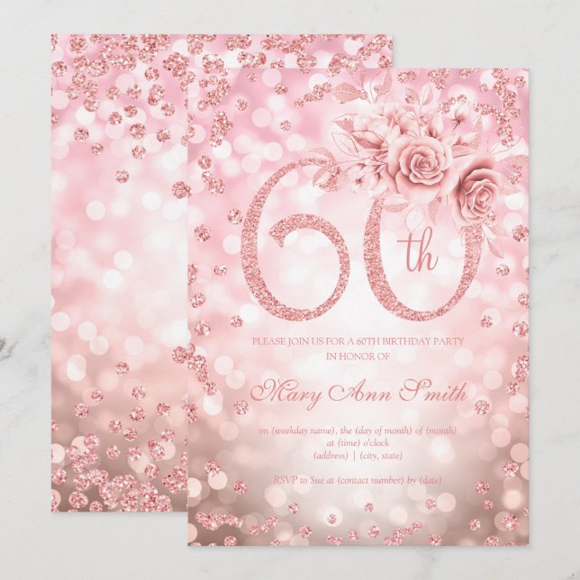 Invitation Rose Gold Floral 60e Anniversaire Lumières   (Devant / Derrière)