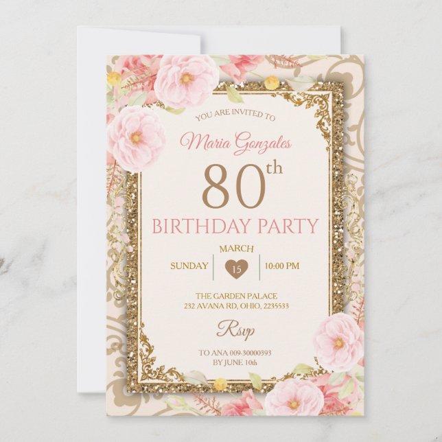 Invitation Rose Gold Floral 70ème, 80ème anniversaire Invitat (Devant)