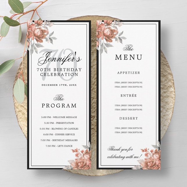 Invitation Rose Gold Floral 70th Birthday Program Menu  (Rose Gold Floral 70th Birthday Program Menu )