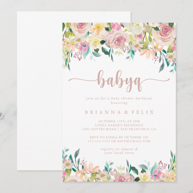 Invitation Rose Gold Floral BabyQ Baby shower Barbecue (Devant / Derrière)