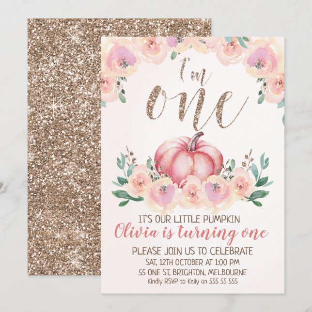 Invitation Rose Gold Floral Citrouille 1er anniversaire Invit (Devant / Derrière)