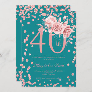 Invitation Rose Gold Floral & Confetti 40e anniversaire Turqu