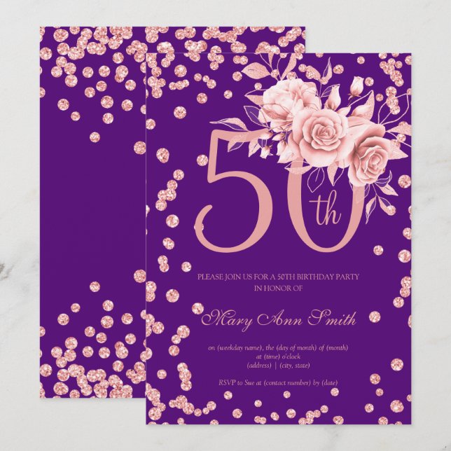 Invitation Rose Gold Floral & Confetti 50e Anniversaire viole (Devant / Derrière)